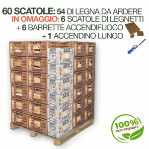 60 scatole: 54 di legna da ardere + IN OMAGGIO: 6 scatole di legnetti + 6 barret